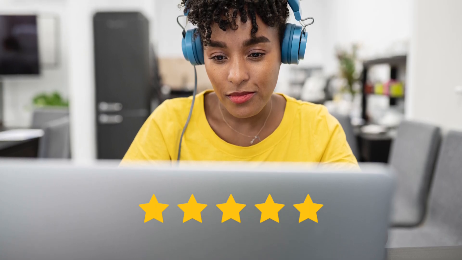 Woman giving online service five star rating