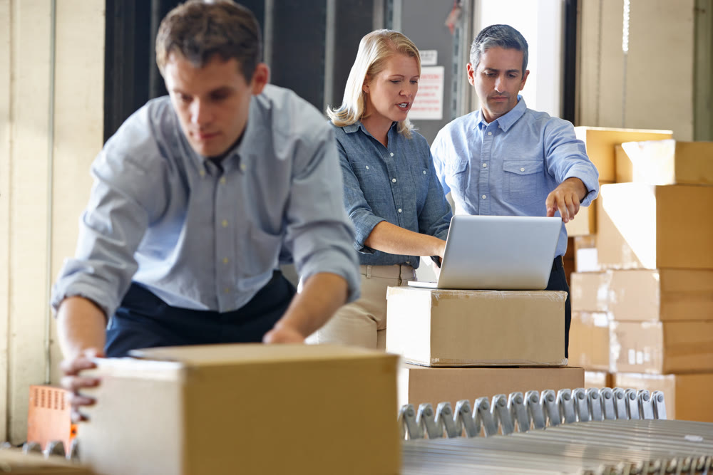 Three people in a warehouse setting, two standing near a laptop perched on a stack of boxes discussing WordPress maintenance plans, while the third person moves a box. They appear focused and engaged in their work.