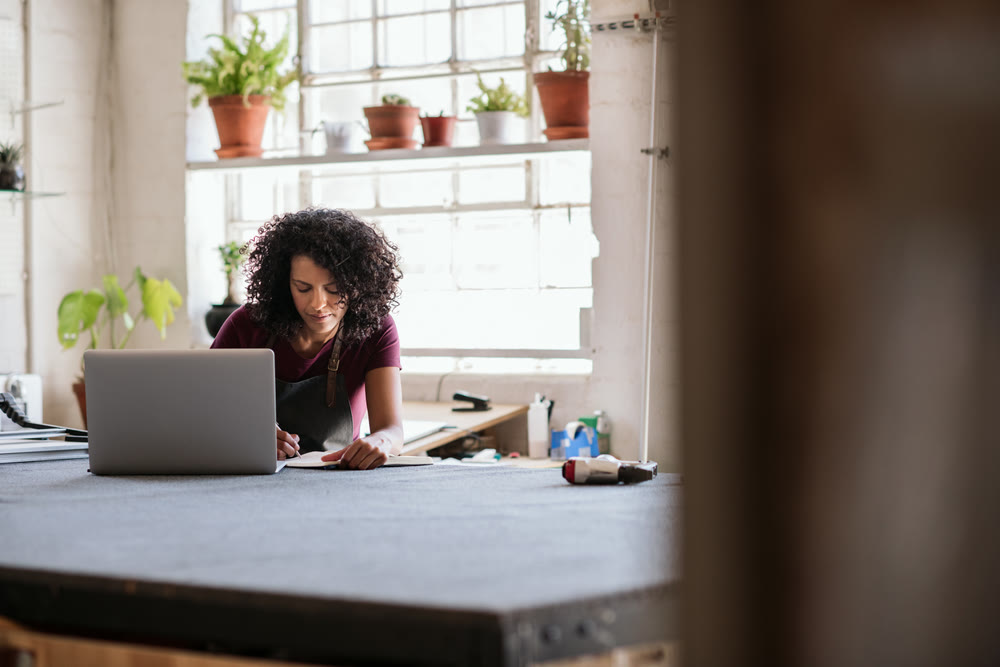 A person with curly hair sits at a large table, managing WordPress maintenance plans. They work on a laptop, taking notes in a bright workspace adorned with potted plants on the windowsill and shelves. The atmosphere is both creative and focused.