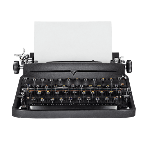 A vintage black typewriter with a sheet of blank paper inserted, reminiscent of the era captured in "Movin on Up." The typewriter boasts classic round keys and a sturdy metal frame, ready for its next adventure as you launch "The One Week Website," all set against a crisp white background.