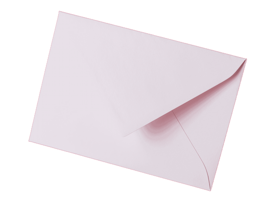 A closed, light pink envelope is positioned diagonally on a plain white background.